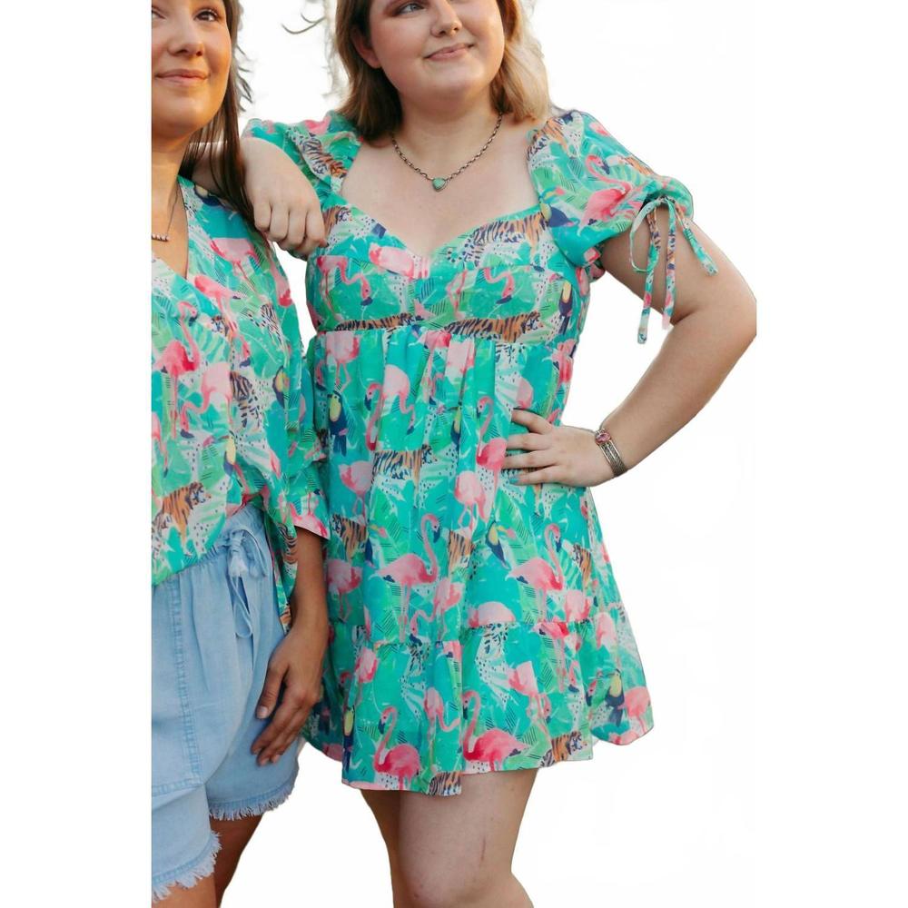 NEW SINCERELY OURS flamingo jungle dress in teal